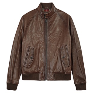 MCS男装源自万宝路秋季新款复古休闲立领绵羊皮哈灵顿皮衣夹克男