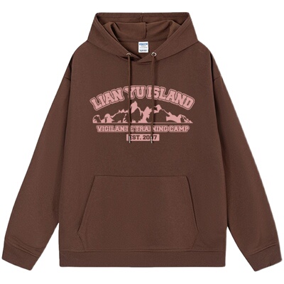 咖色美式复古连帽卫衣秋冬薄绒女