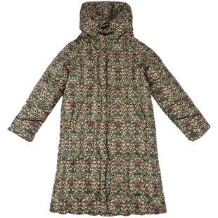 布符新款冬季插肩袖羽绒服女高领连帽中长款保暖御寒印花气质