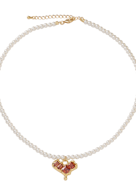 施家珍珠红色爱心形锁骨项链