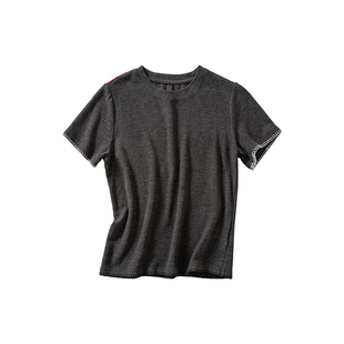 YANGLE_正肩短袖女t恤夏2025年新款chic韩系重磅磨毛宽松圆领上衣