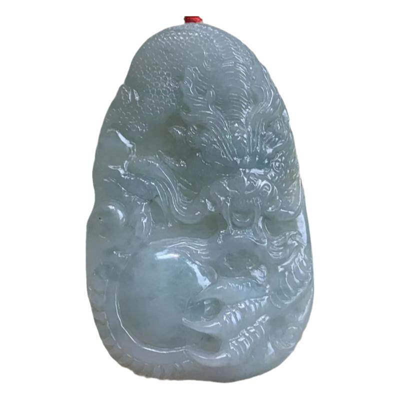 天然翡翠淡蓝色龙戏珠龙牌把玩件