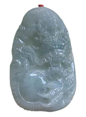 天然翡翠淡蓝色龙戏珠龙牌把玩件