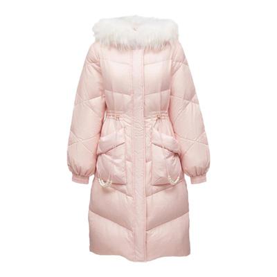 绫致Vero Moda24秋冬90%白鸭绒长款收腰貉子毛领连帽羽绒服女时尚