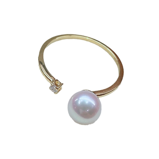 极光天女akoya日本海水珍珠戒指18K金钻石款可调节正圆镜面光简约