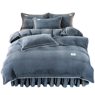 牛奶绒珊瑚绒绒加厚冬季3四件套床裙双拼纯色不掉毛被套爆款学生