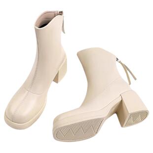 真皮白色法式洋气小短靴2025秋冬加绒马丁靴厚底高跟瘦瘦切尔西靴