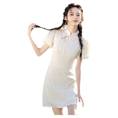 米白色短款提花旗袍裙女夏