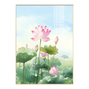 和气生财现代简约客厅装饰画晶瓷写实桌面摆画高级感荷花玄关挂画