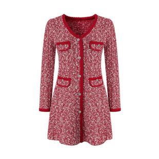 商场同款 摩萨克冬收腰伞摆花纱V领长袖毛针织衫连衣裙女