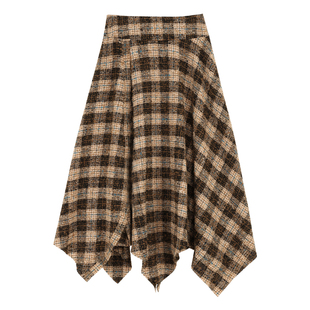 pusumede 木纹褶皱 复古粗花格纹半身裙女气质显瘦不规则中长裙子