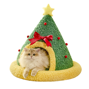 元気喵丨新款圣诞节猫窝春季舒睡猫窝深度睡眠半封闭狗窝保暖床