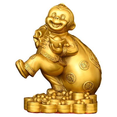 开运纯黄铜猴子摆件风水猴吉祥物十二生肖猴摆设猴摆件背钱袋福猴