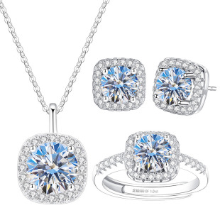 莫桑钻999纯银方糖小银项链女款女士女首饰套装三件套女生送女友