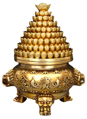 纯黄铜聚宝盆带盖招聚家居摆件