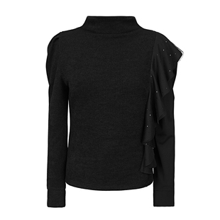 sdeer圣迪奥女装高领网纱不对称荷叶边针织T恤S231Z0209