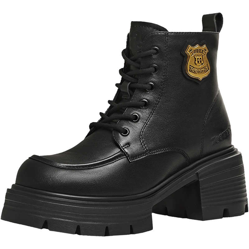 天美意粗跟厚底增高加绒英伦马丁靴女鞋子休闲短靴皮靴2025冬新款