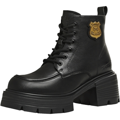 天美意粗跟厚底增高加绒英伦马丁靴女鞋子休闲短靴皮靴2025冬新款