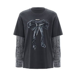 IAmMIX27圆领套头T恤女假两件撞色烫钻丝绒拼接印花全棉落肩上衣