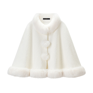 拉夏贝尔/La Chapelle白色毛茸茸斗篷披风女订婚旗袍外搭加绒披肩