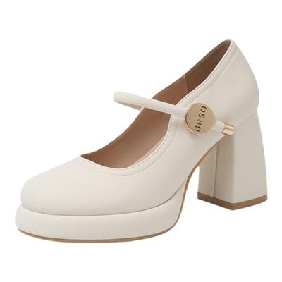 白色玛丽珍高跟鞋粗跟小皮鞋气质
