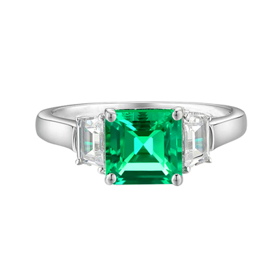 钻玺三石铂金钻石培育祖母绿戒指