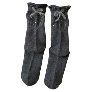 秋冬复古波点卷边羊毛袜子女中筒袜ins后跟蝴蝶结保暖睡眠堆堆袜