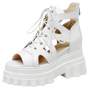 厚度坡跟凉靴女2023夏季新款真皮白色松糕跟系带内增高凉鞋