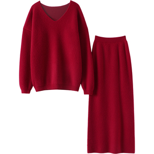 皆是气质~车厘子红加厚纯山羊绒衫宽松毛衣半身裙休闲羊绒套装女