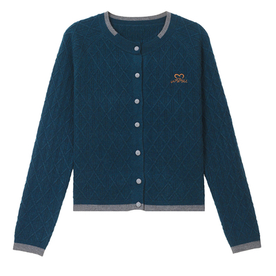 恒源祥羊毛短款圆领纽扣开衫女