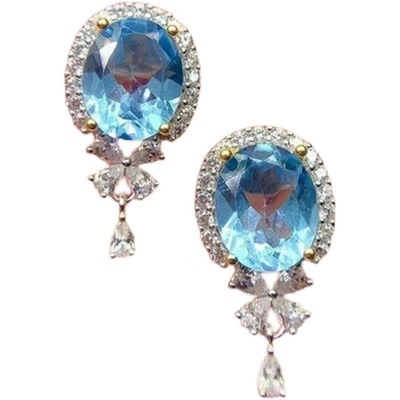 托帕石镀925银耳钉女气质耳环高级感精致大气蓝色宝石简约百搭