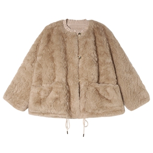 白鹿语轻奢风厚款仿皮草大衣2025秋冬新款毛感落肩袖圆领女式外套