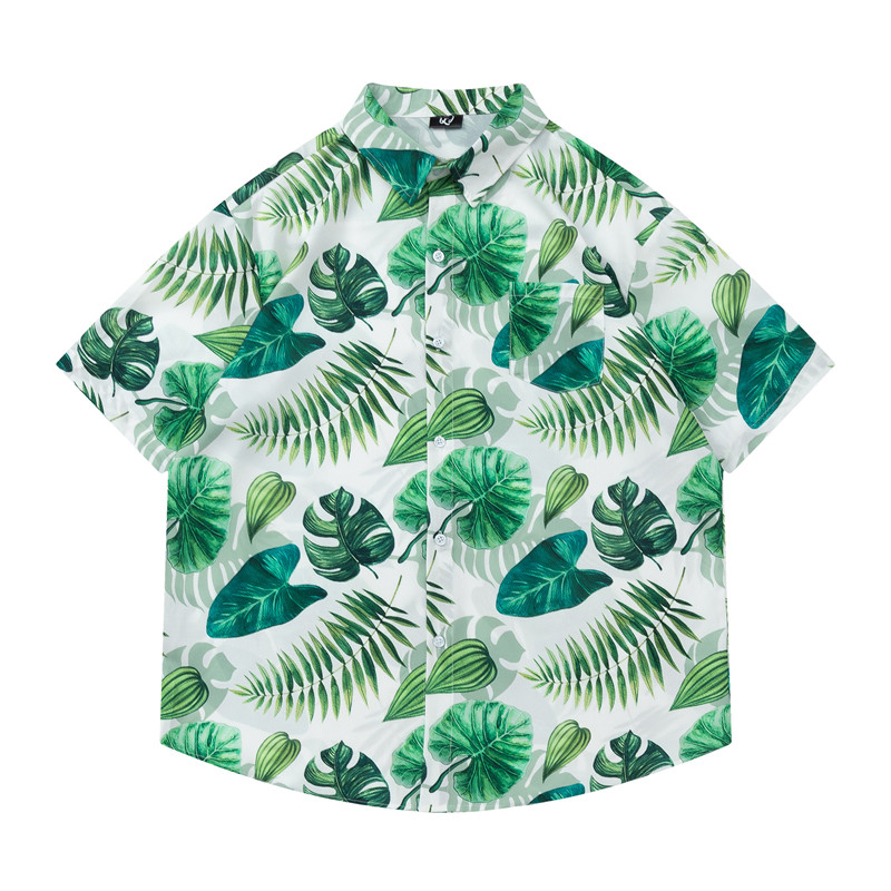 TRAVEL ISLAND 绿叶如茵 夏季设计感绿色植物叶子印花短袖衬衫ins