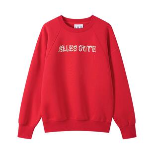 LILY冬新款女装新年氛围感字母印花宽松休闲红色圆领套头卫衣