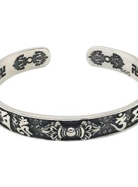 纯银手镯复古六字箴言金刚杵潮饰