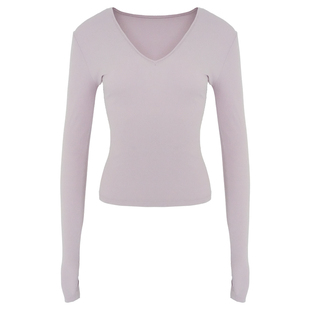 WellD 手工无骨缝合V领/圆领露指长袖T恤女修身显瘦百搭打底上衣