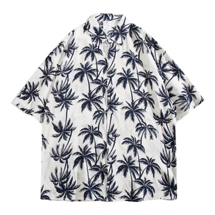 人棉日系复古沙滩衬衫男夏季宽松碎花短袖情侣同款夏威夷休闲外套