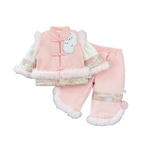 女宝宝套装冬季新款儿童加绒汉服女童小兔拜子年服冬装加厚两件套