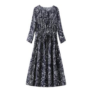 m2女装春秋新款中年微胖妈妈宽松大码直筒七分袖亚麻连衣裙