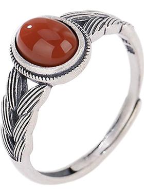 足银戒指南红玛瑙麦穗民族风女款