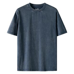 靛蓝色夏季洗水做旧纯棉简约复古百搭男女款短袖260g重磅圆领t恤