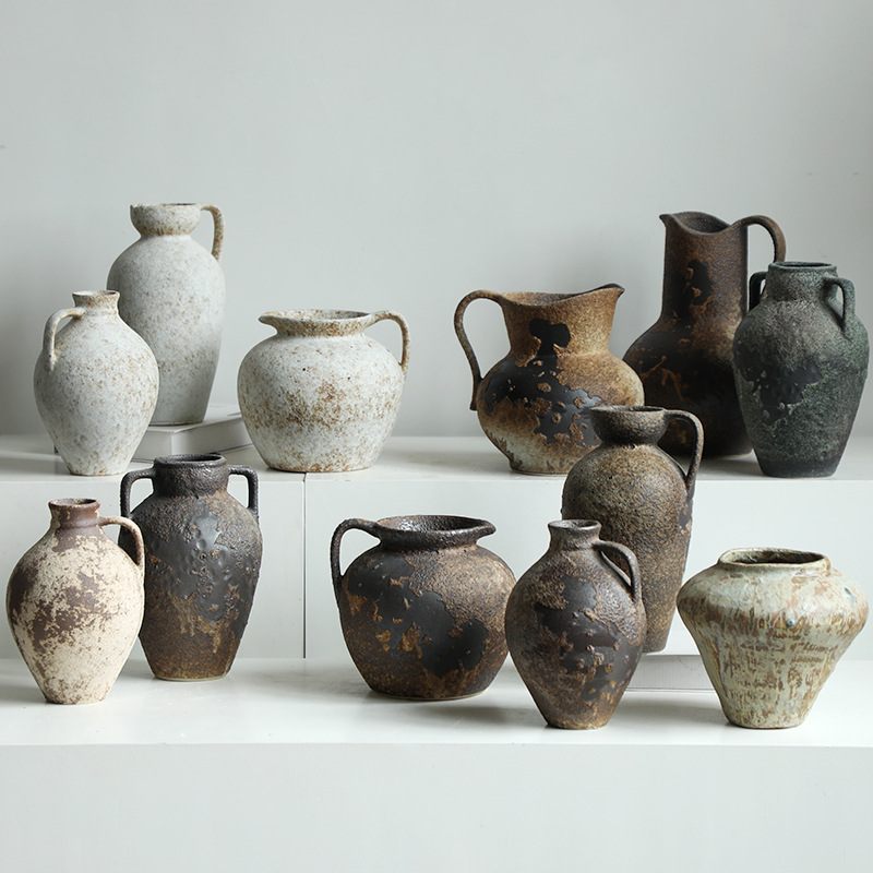 日式侘寂风陶瓷花瓶摆件客厅餐桌插花器景德镇白色复古粗陶小花瓶