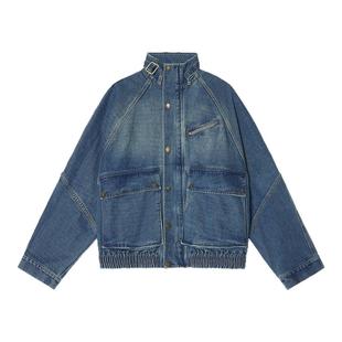 Unvesno(UN)水洗立领脖带插肩廓形牛仔夹克短廓秋季保暖外套