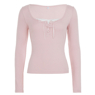 WEEKEEP 韩系甜美少女蕾丝拼接假两件蝴蝶结长袖T恤百搭修身上衣