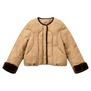 水貂毛皮草高端新中式国风提花白鹅绒圆领羽绒服小个子短款外套冬