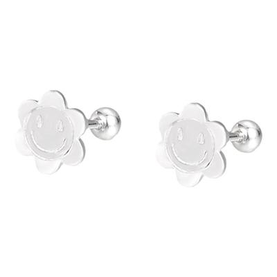 S999雕刻足银可爱太阳花笑脸耳钉阳光休闲百搭拧螺丝纯银耳饰品