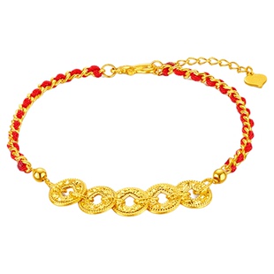 金至尊财帛广进黄金钱串子手链女款足金碎碎冰本命年红绳手链礼物