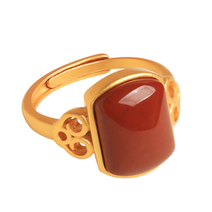 天然南红纯银方牌戒指女红色复古新年过年本命年红宝石红玛瑙礼物