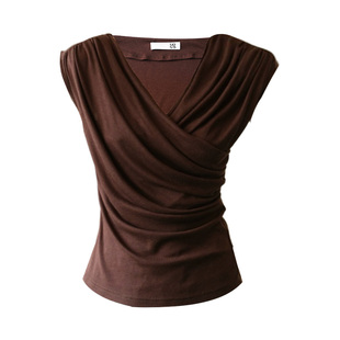 Mogas重磅莱赛尔羊毛混纺垂坠零压感立体褶皱交叉修身T恤上衣女夏