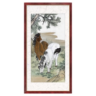 马到成功手绘画 两个骏马国画 郎世宁牧马画 水墨饮马图 蒙古包画